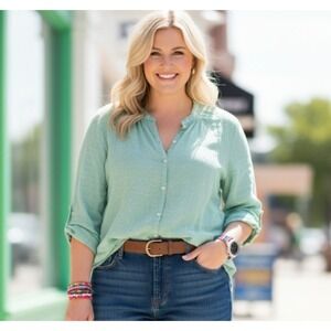 Old Navy Shirt Womens Large Green Geometric Button V Neck Tunic Top‎ 3/4 Sleeve